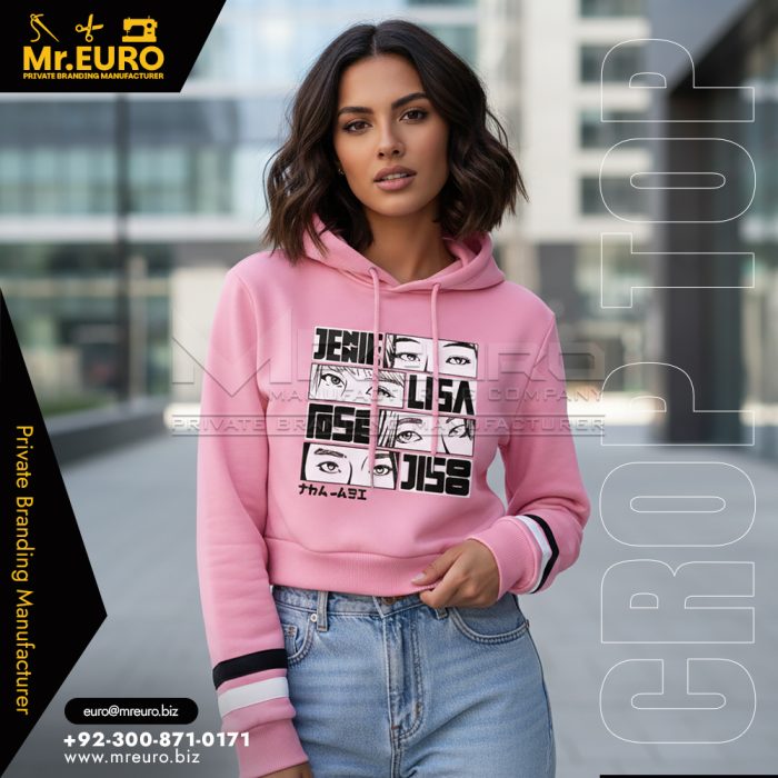 Women Pink Printed Crop Top Hoodie