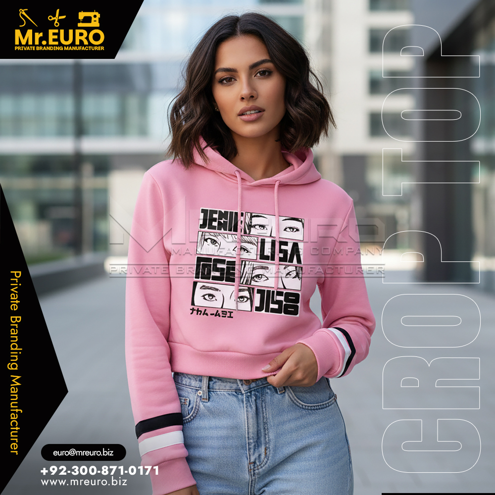 Women Pink Printed Crop Top Hoodie