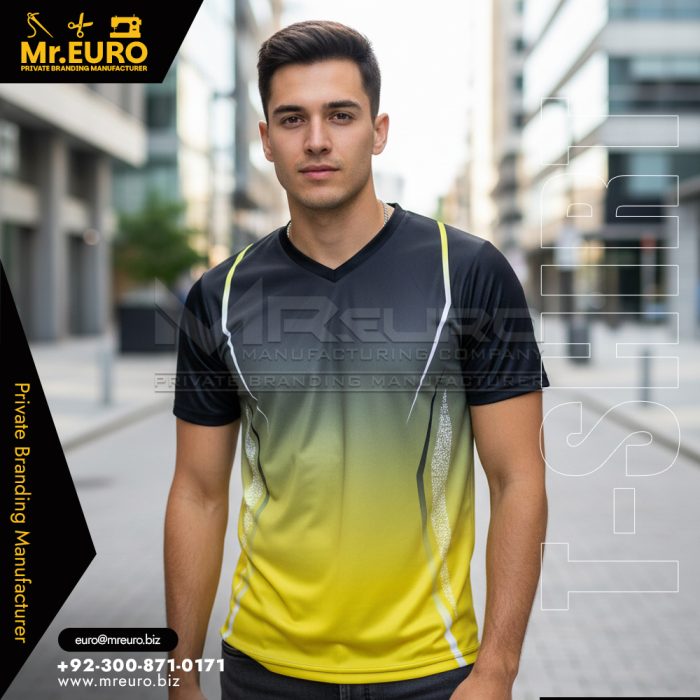 Black Yellow Gradient Style V Neck T-Shirt