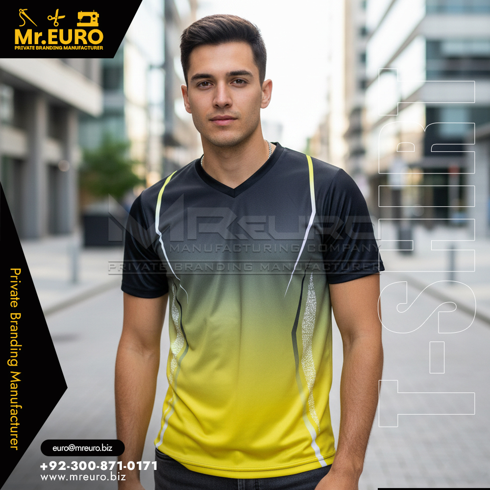 Black Yellow Gradient Style V Neck T-Shirt