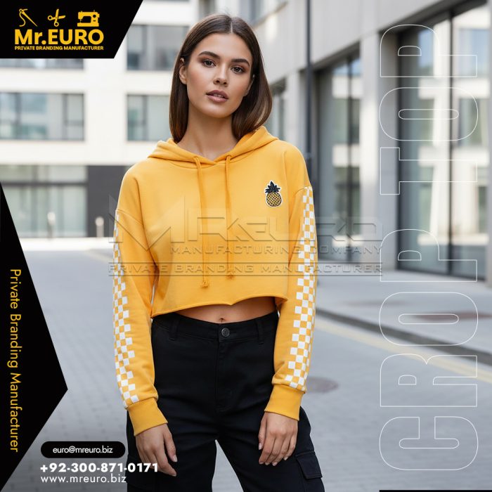 Stylish Casual Women Yellow Crop Top Hoodie