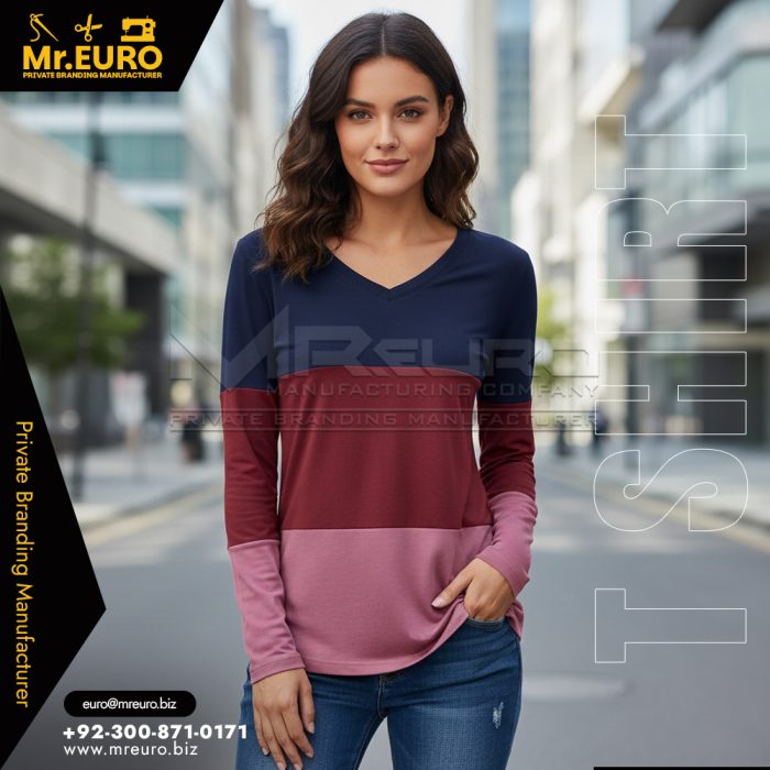 Women Color Block V Neck T-Shirt Fresh Style