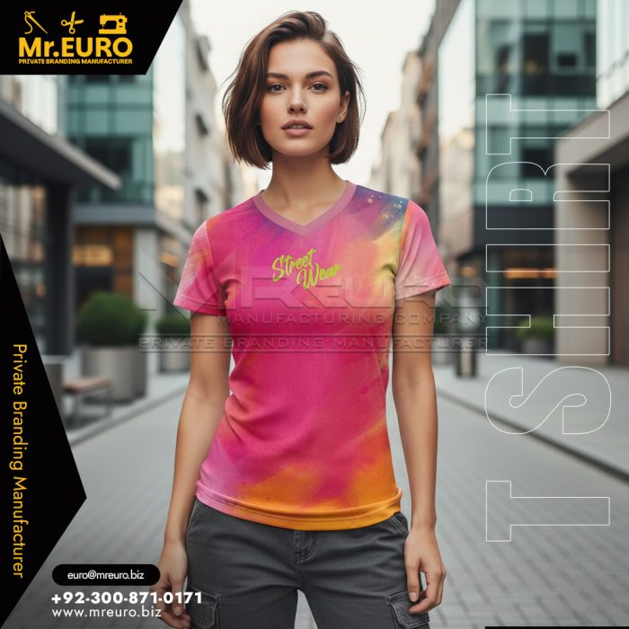 Sublimation Fashion Gradient V Neck T-Shirt Women Style