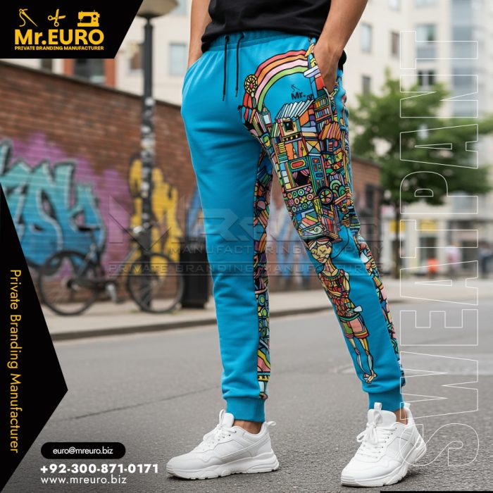 Blue Graphic Printed Sweat Pant Casual Style