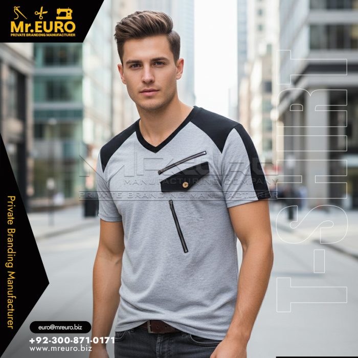 Gray Zip Detail V Neck T-Shirt Modern Style