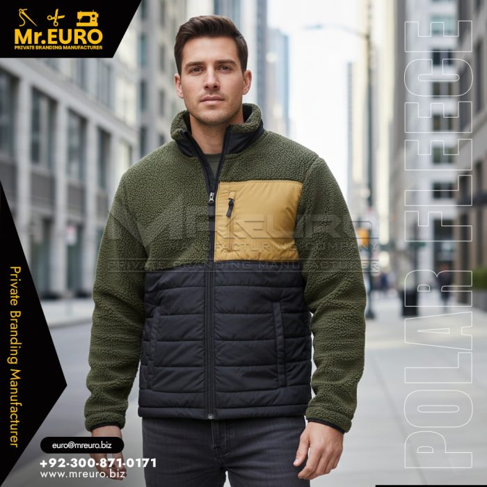 Men Olive Black Polar Fleece Jacket