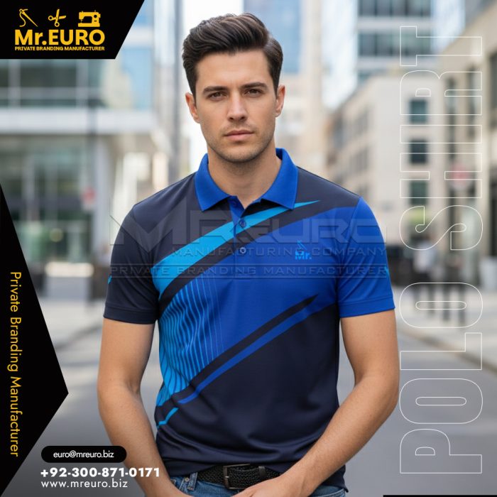 Designer Blue Printed Polo Shirt Modern Style