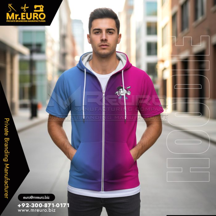 Short Sleeve Two Tone Zip Hoodie Casual Style